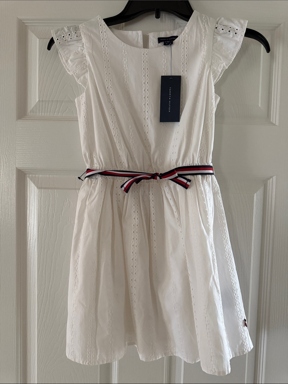 Tommy Hilfiger White Eyelet Dress with Signature Ribbon Belt